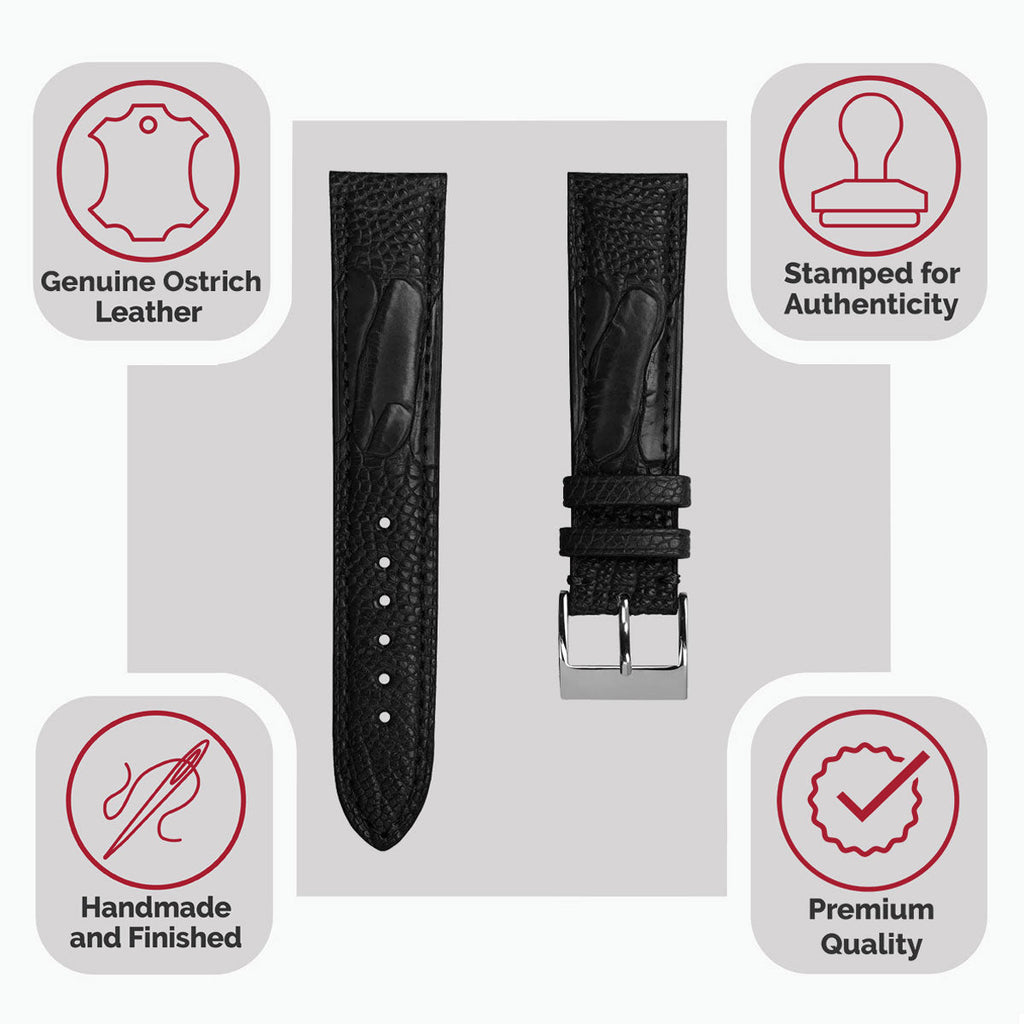 Tira de reloj de cuero artesanal con pata de avestruz en negro mate - Elegancia y estilo únicos