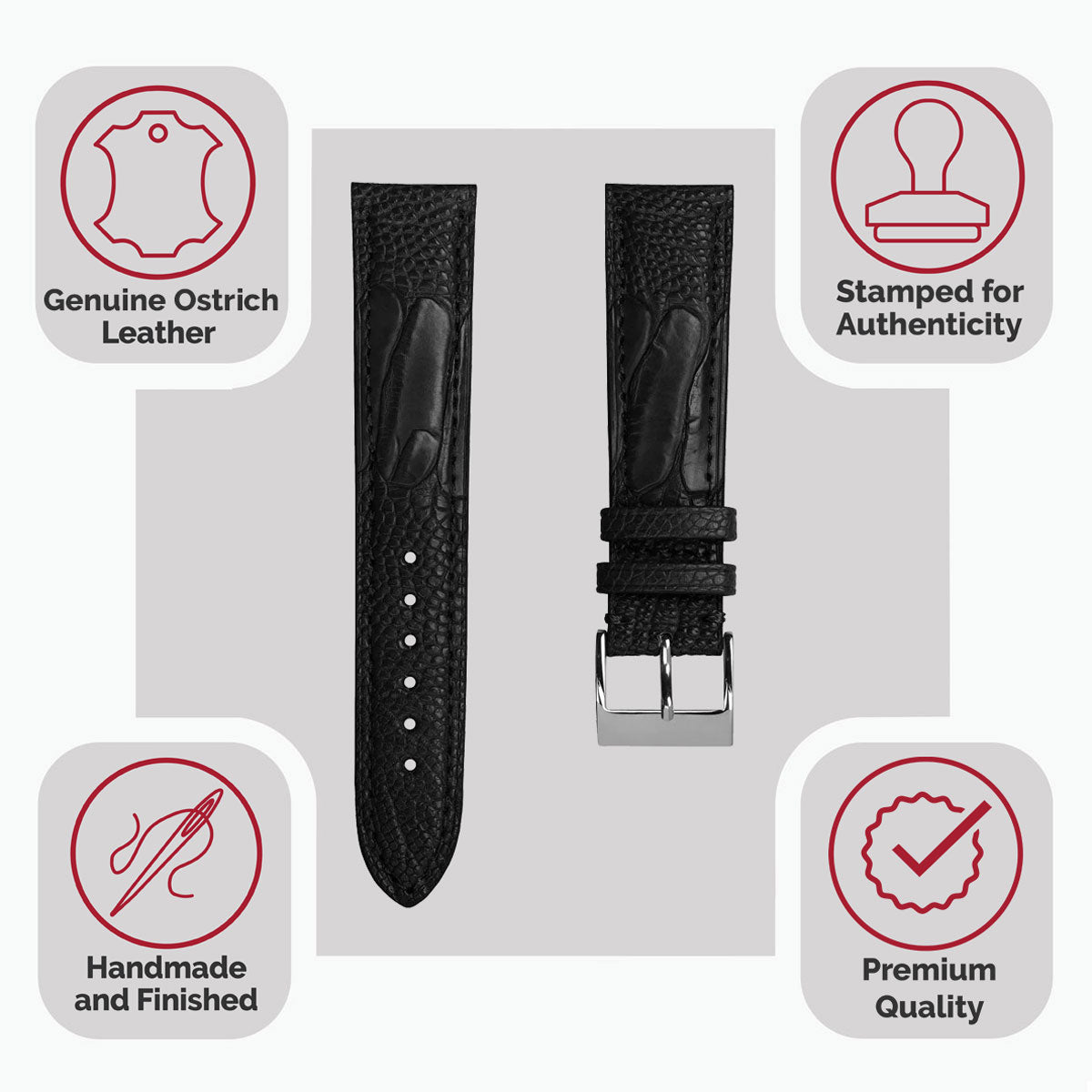 Tira de reloj de cuero artesanal con pata de avestruz en negro mate - Elegancia y estilo únicos