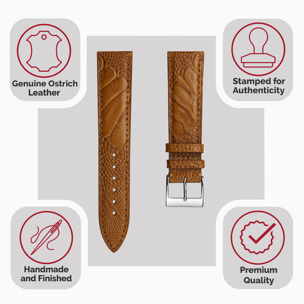 Tremendous Durbuy Ostrich Leg Handmade Leather Watch Strap - Elegant Matched Cognac Tone
