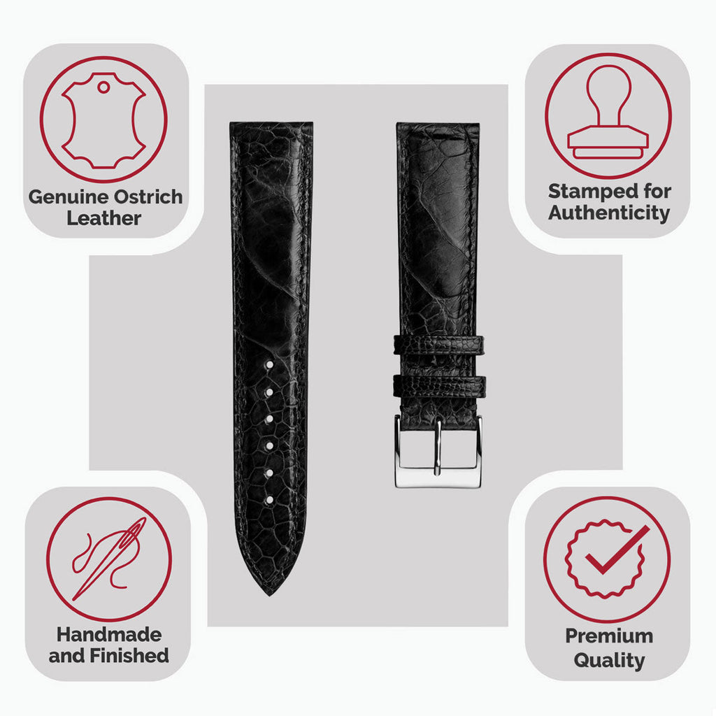 Bracelet de montre en cuir fait main avec jambe d'autruche Durbuy en noir brillant