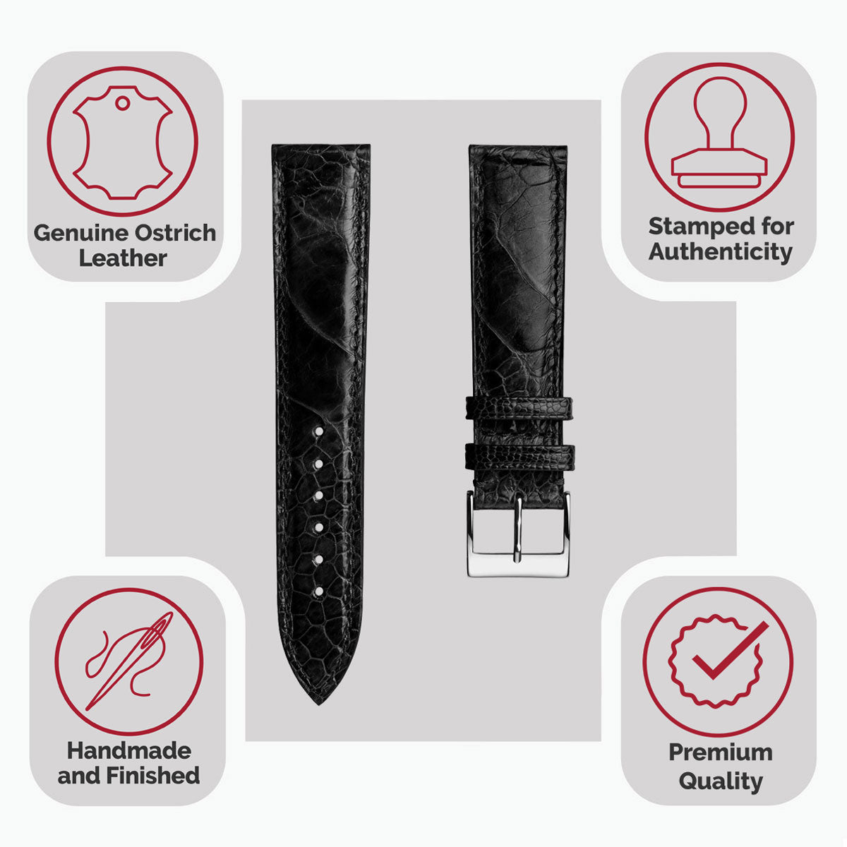 Bracelet de montre en cuir fait main avec jambe d'autruche Durbuy en noir brillant