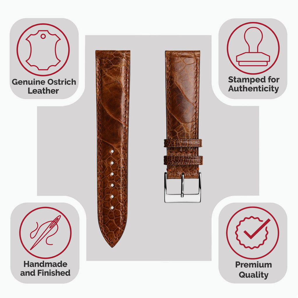 Bracelet pour montre en cuir fait main avec jambe d'autruche Durbuy - Cognac brillant élégance