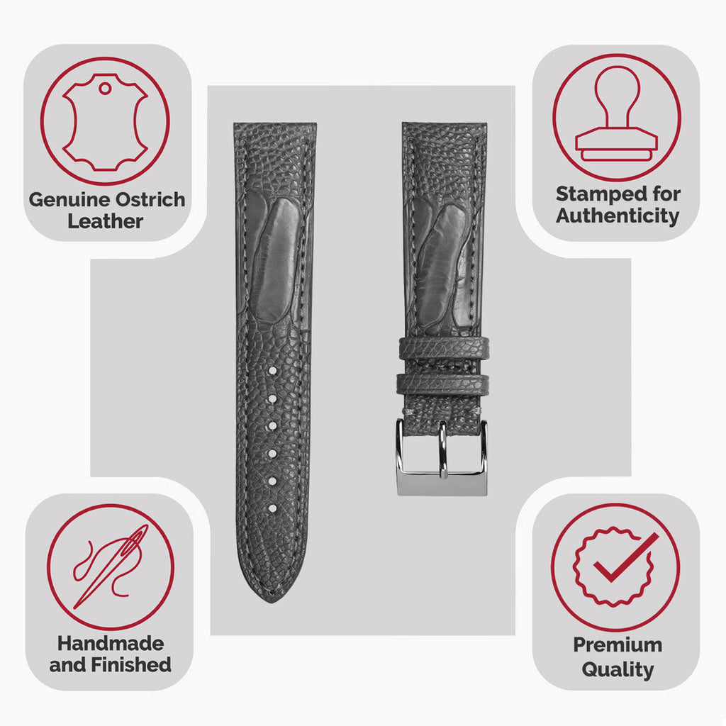 Bracelet de Montre en Cuir Artisanal pour Jambe d'Ostrich à la Main - Gris Mat