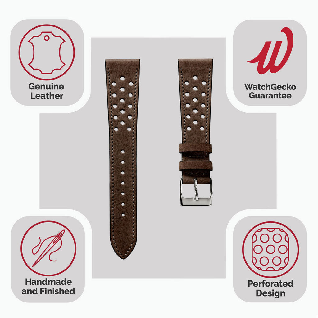 Lav Strap en Cuir Perforé Missouri de WatchGecko - Marron Foncé Élégant
