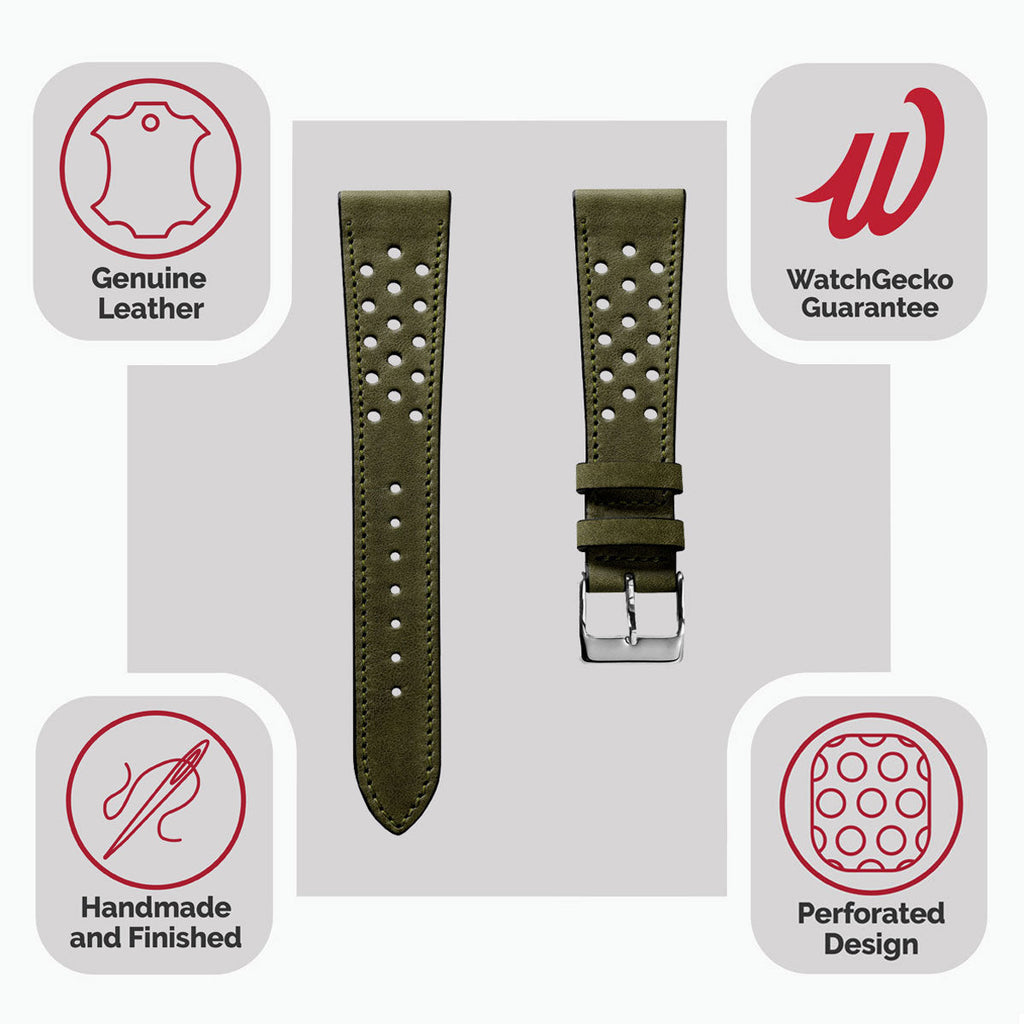 Bracelet en cuir perforé WatchGecko Missouri - Vert Élégant