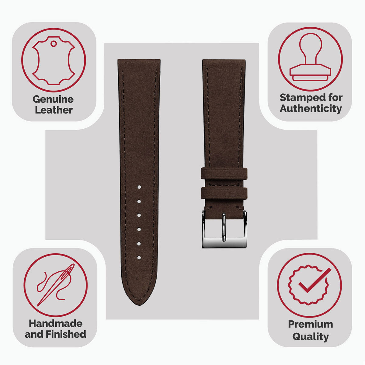 Bracelet de Montre en Cuir Nubuck Plat Mozet Fait Main - Marron Chocolat