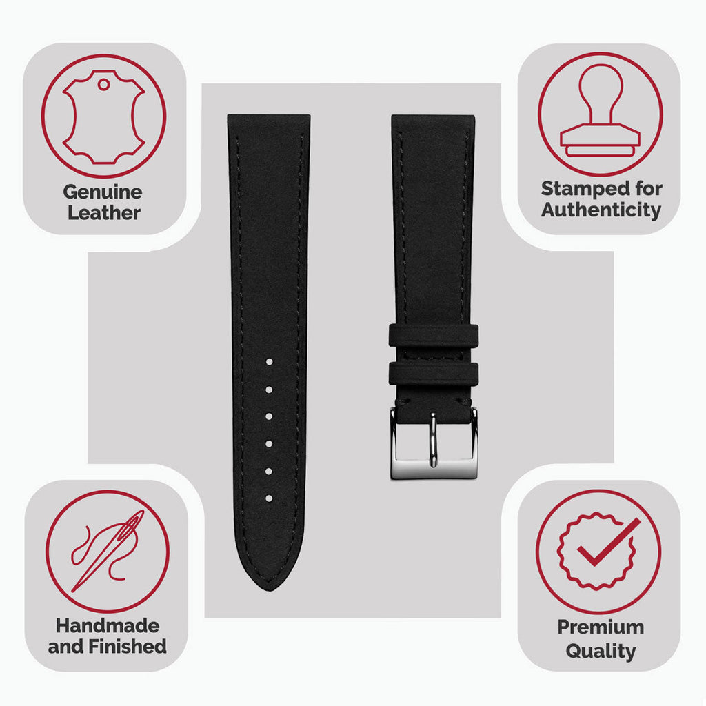 Foulard à semelle plate en nubuck et cuir fait main - Bracelet de montre noir
