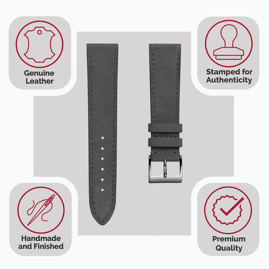 Bracelet de Montre en Cuir Nubuck Plat Mozet Fait Main - Gris Élégant
