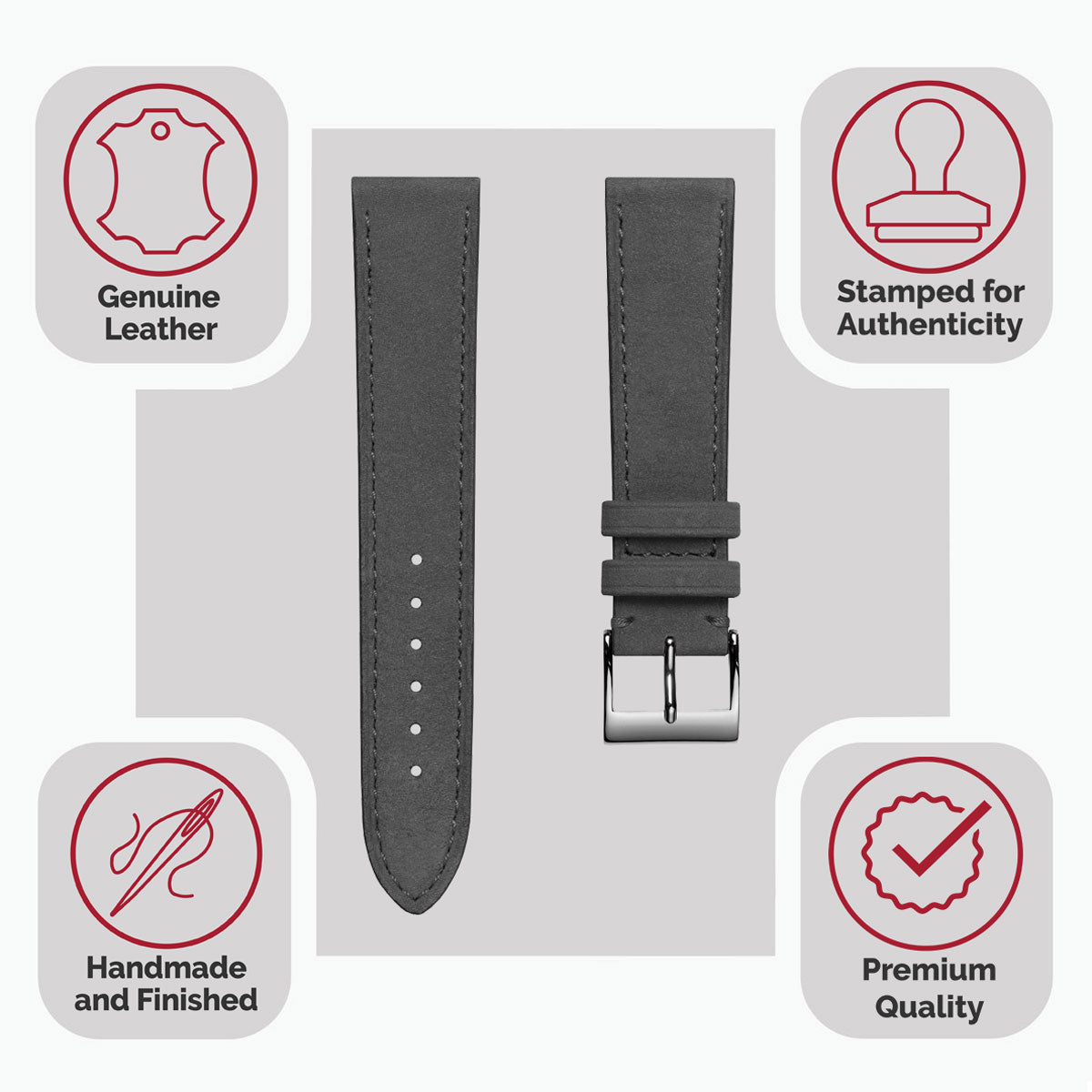 Bracelet de Montre en Cuir Nubuck Plat Mozet Fait Main - Gris Élégant