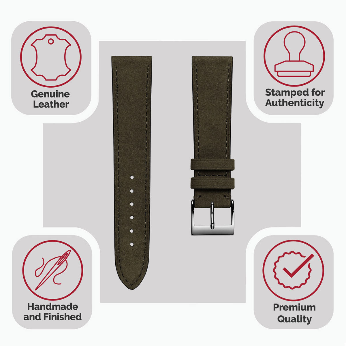 Bracelet pour montre en cuir nubuck plat Mozet, fait main en kaki