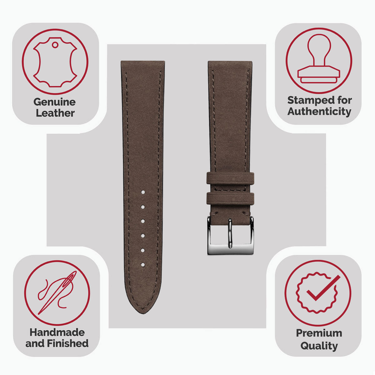 Bracelet de montre en cuir nubuck plat Mozet fait main - Taupe élégante