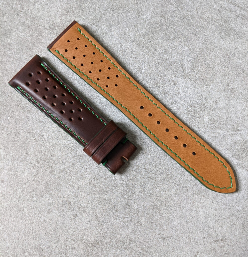 Horween Rally Calfskin Watch Strap - Brown w/green stitching & edges