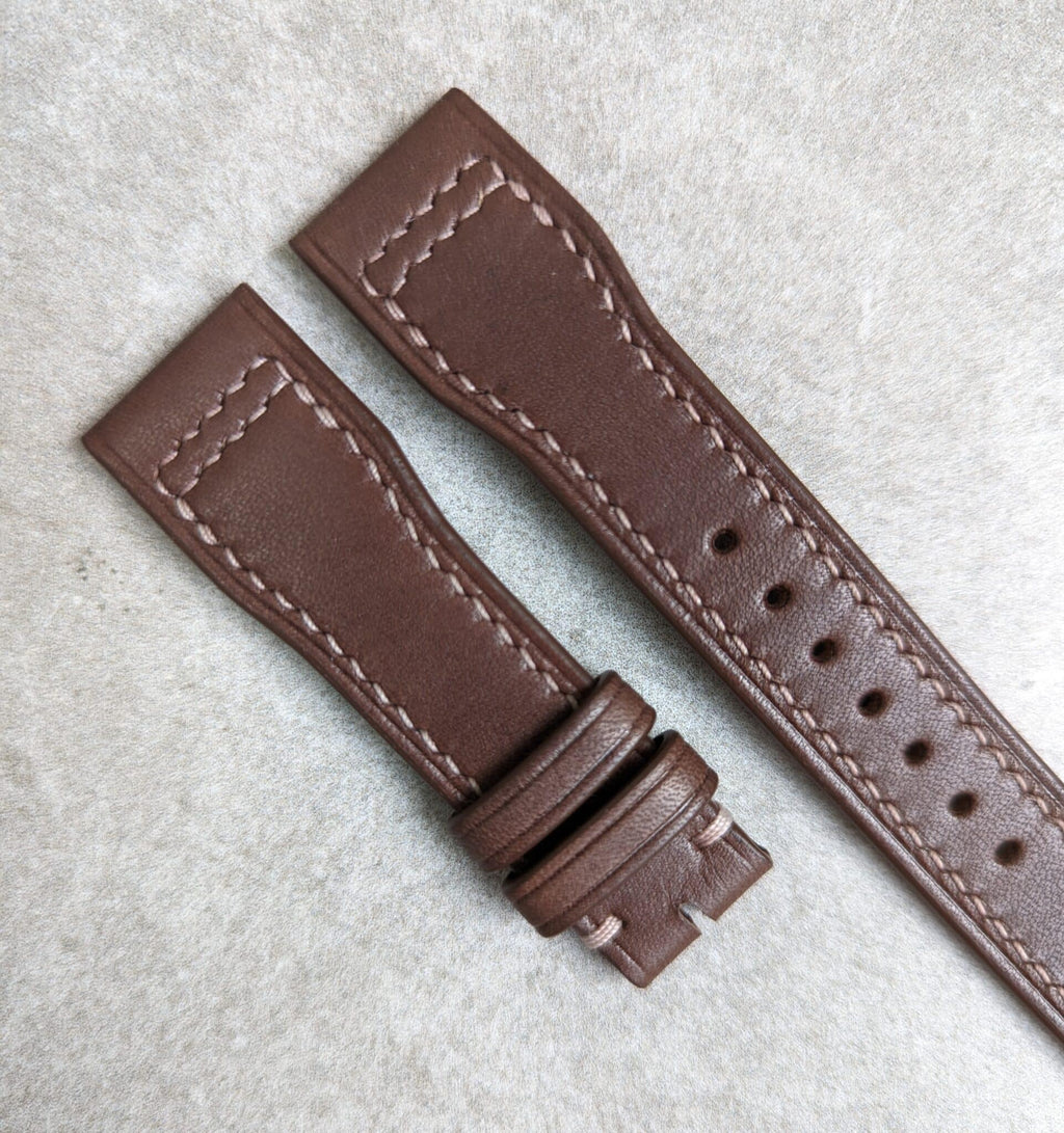 French Calfskin IWC Style Strap - Chocolate Brown W/Cream Stitching