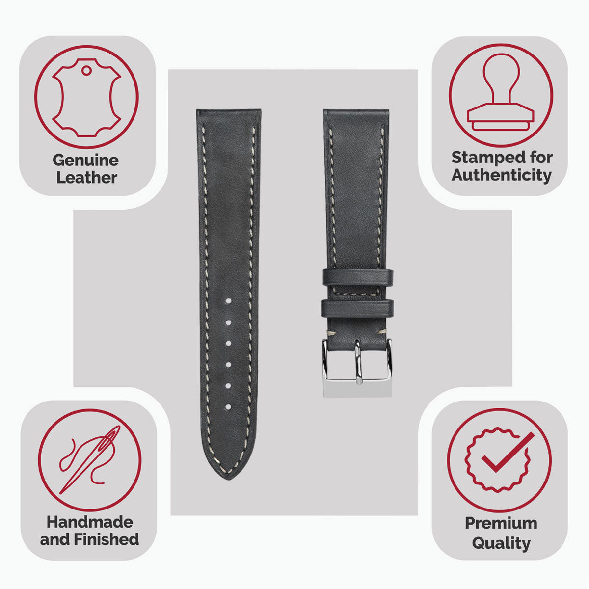 bracelet de montre en cuir de veau patiné plat Rochefort - Platine