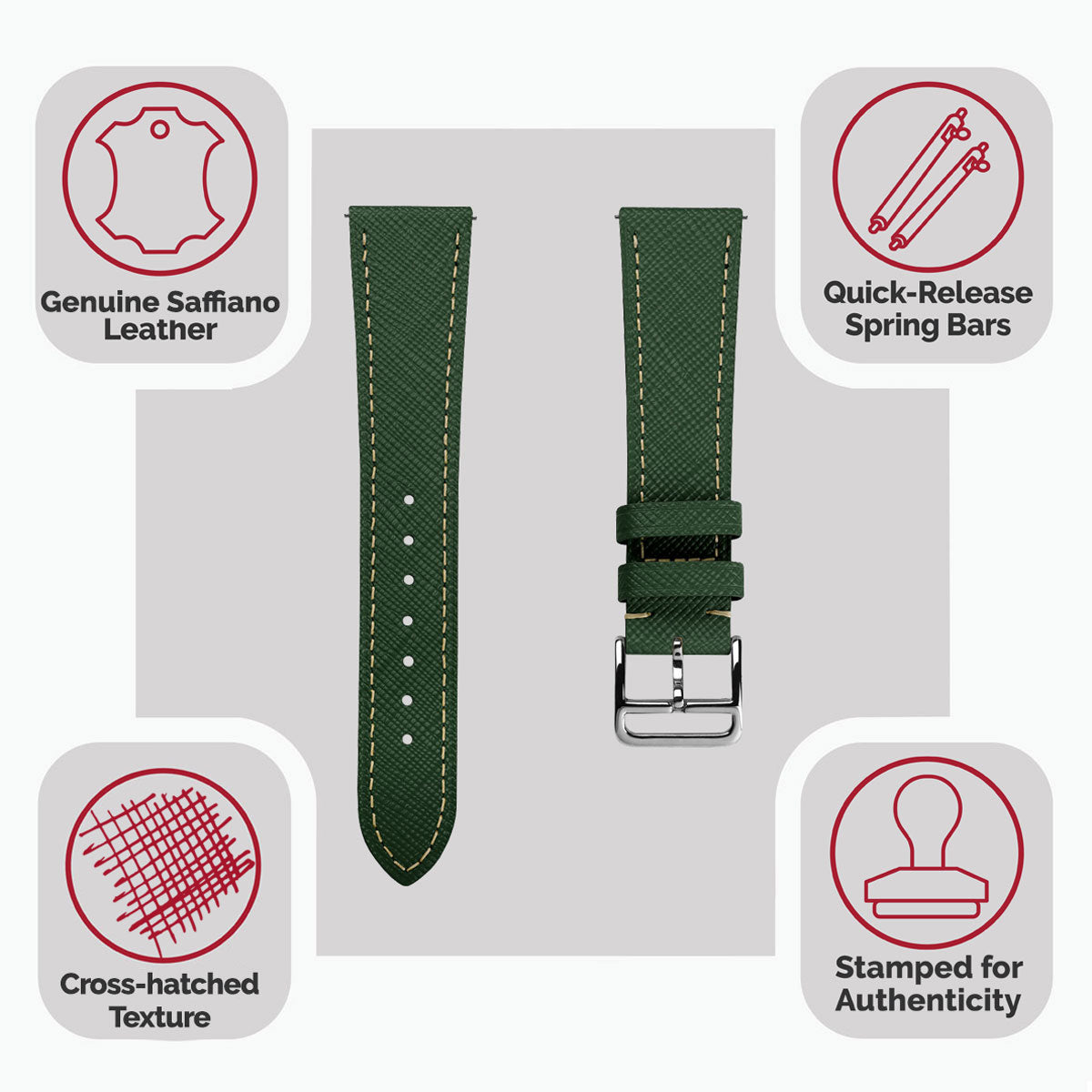 Brème Brixham en cuir saffiano avec boucle Jasper Vert - Bracelet de montre élégant