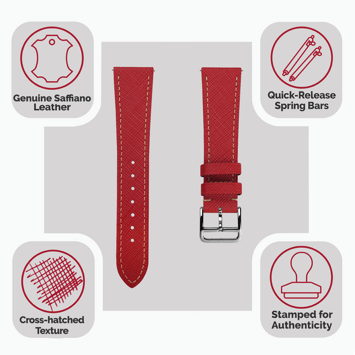 Bracelet de montre en cuir saffiano rouge Brixham pour un style élégant et sophistiqué