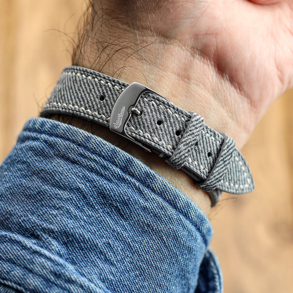 Arbour Hand-Stitched Denim & Genuine Leather Watch Strap – Elegant Grey Design
