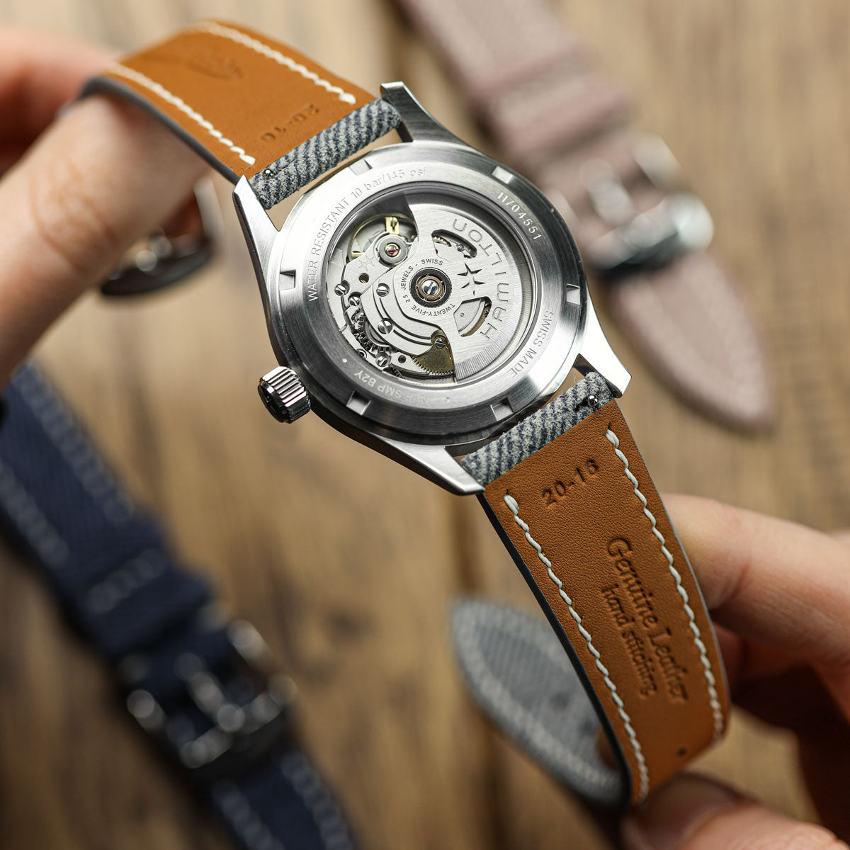 Arbour Handgenähte Denim-Design Echtes Leder Uhrenarmband - Quartz Rosa