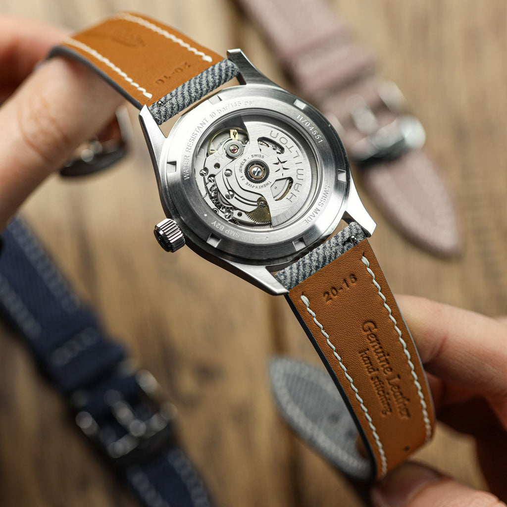 Arbour Hand-Stitched Denim and Genuine Leather Watch Strap - Elegant Navy Blue Style