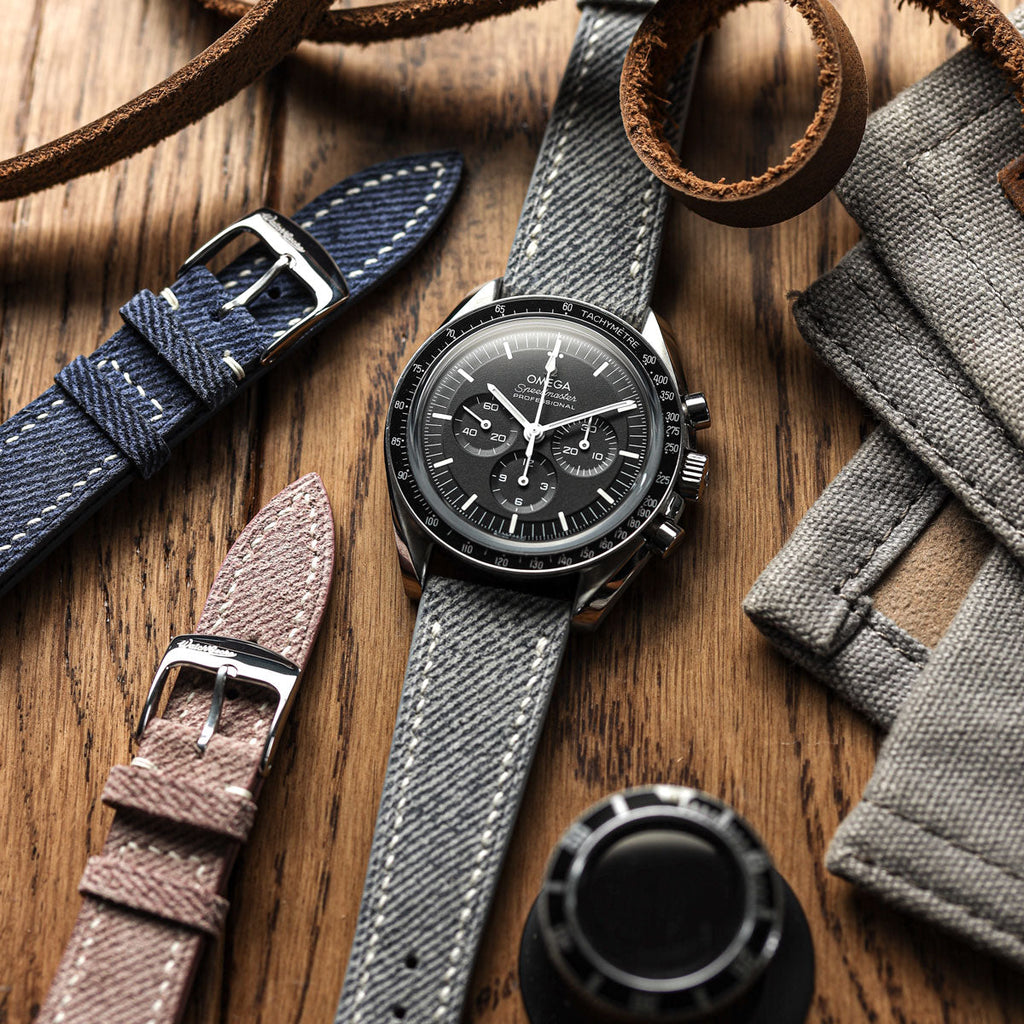 Arbour Hand-Stitched Denim & Genuine Leather Watch Strap – Elegant Grey Design