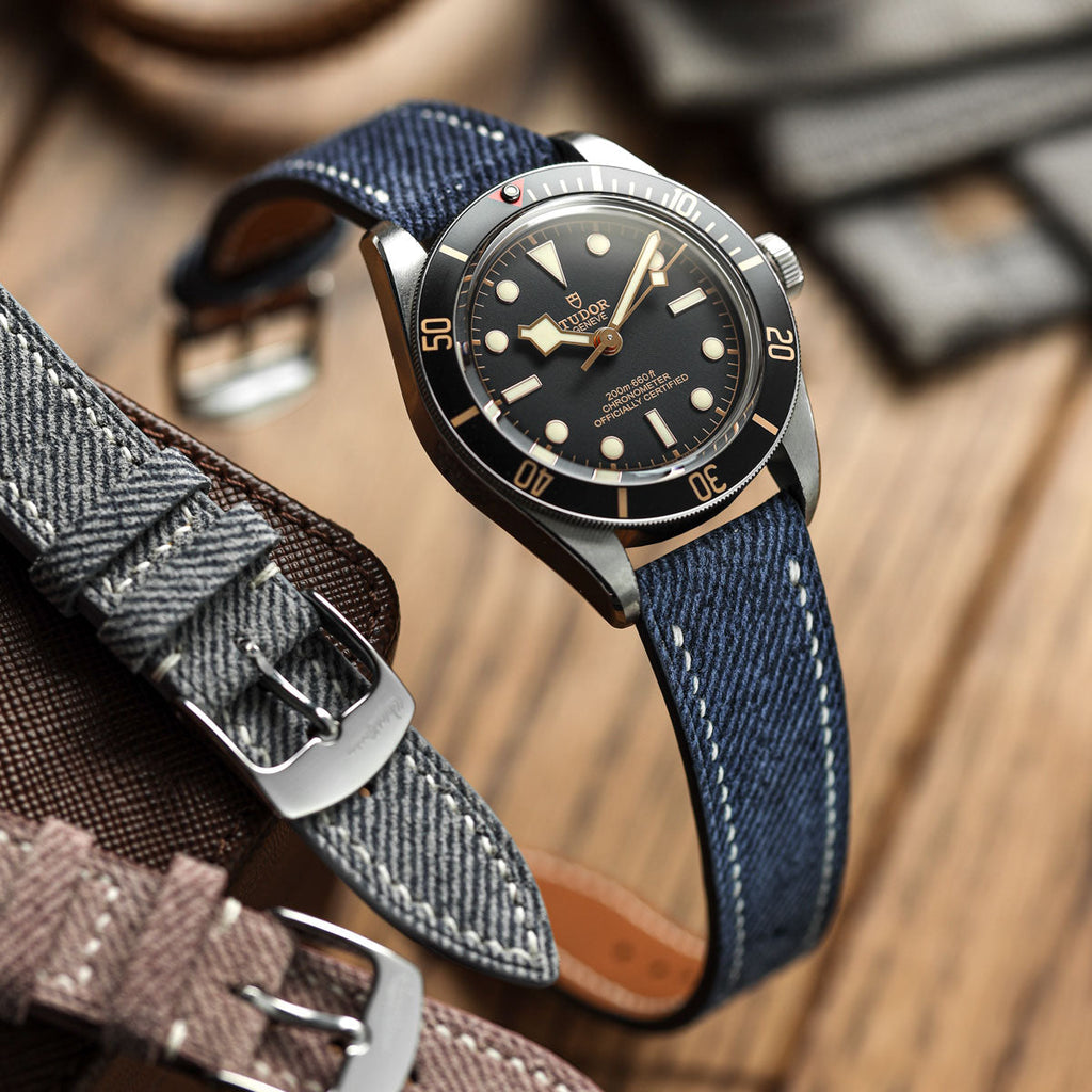 Arbour Hand-Stitched Denim & Genuine Leather Watch Strap – Elegant Grey Design