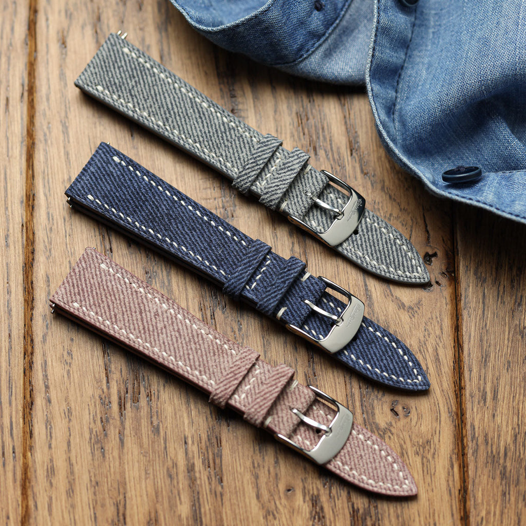 Arbour Hand-Stitched Denim and Genuine Leather Watch Strap - Elegant Navy Blue Style