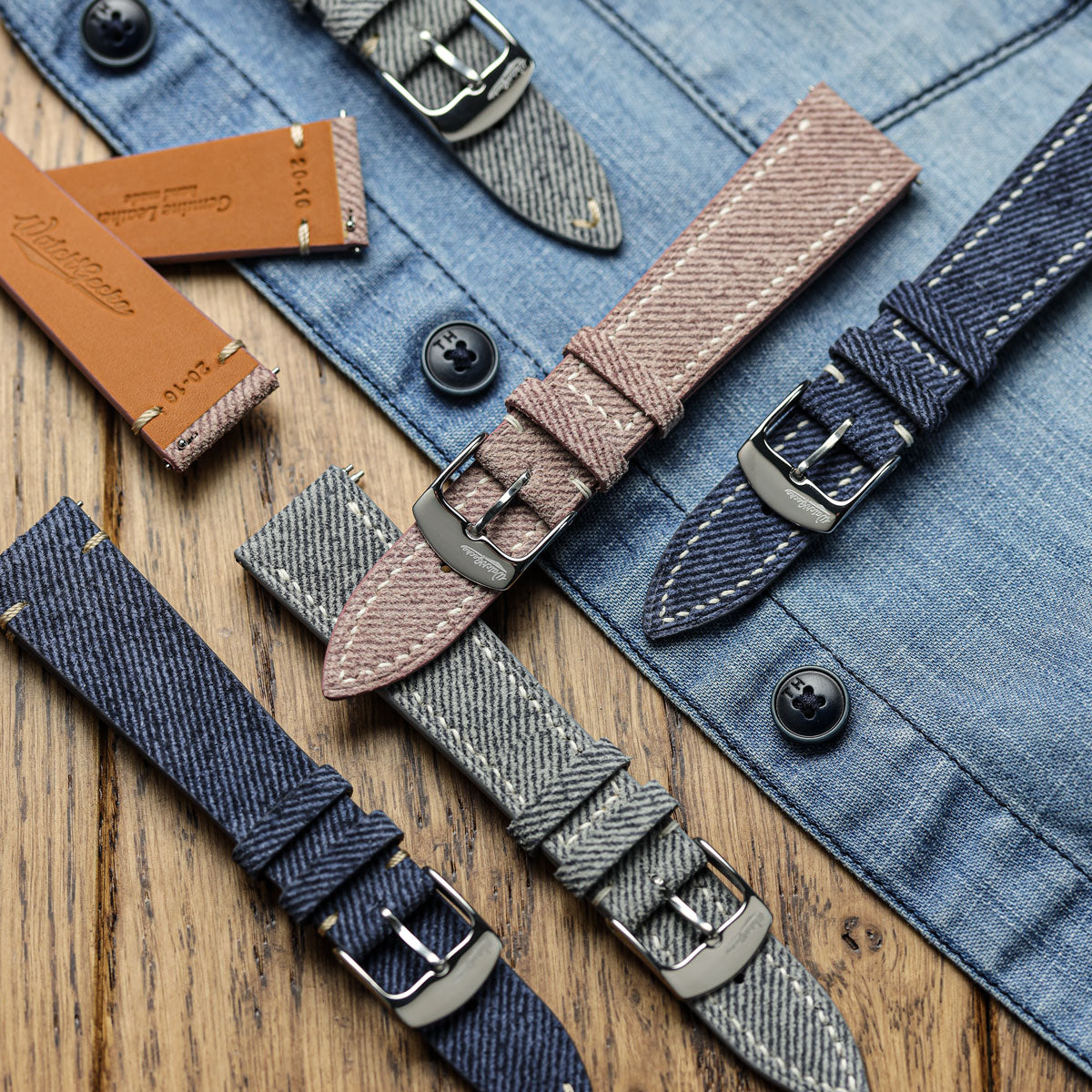 Bracelet de montre en cuir véritable avec design en denim V-Stitch - Gris élég Antenez