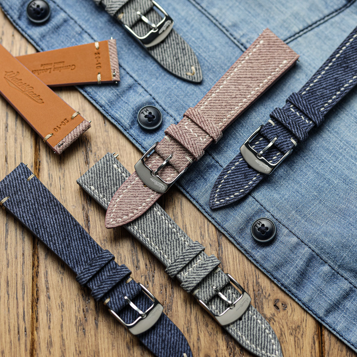 Arbour Handgenähte Denim-Design Echtes Leder Uhrenarmband - Quartz Rosa
