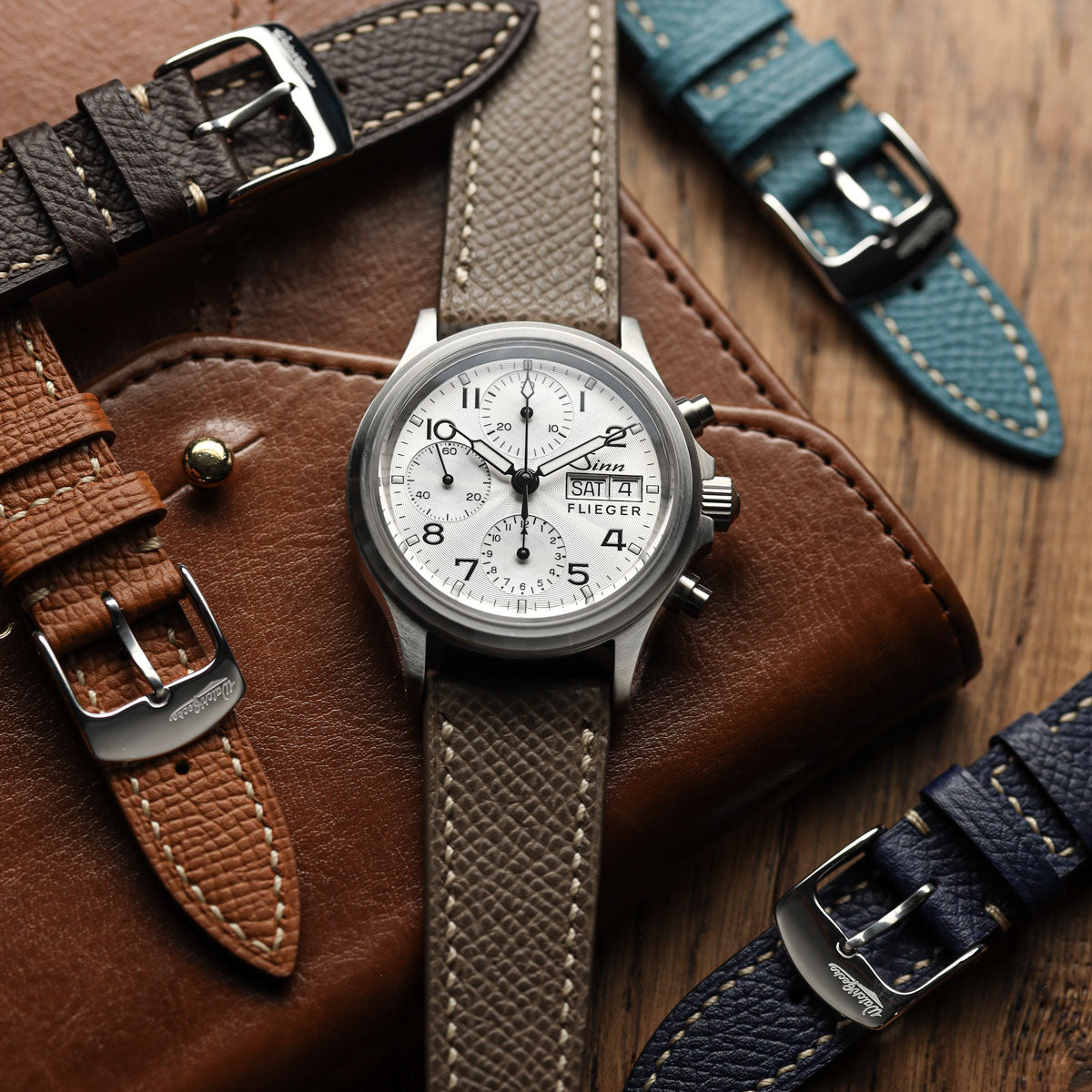 Hanley Textured Epsom Hand-Stitched Leather Watch Strap - Light Blue