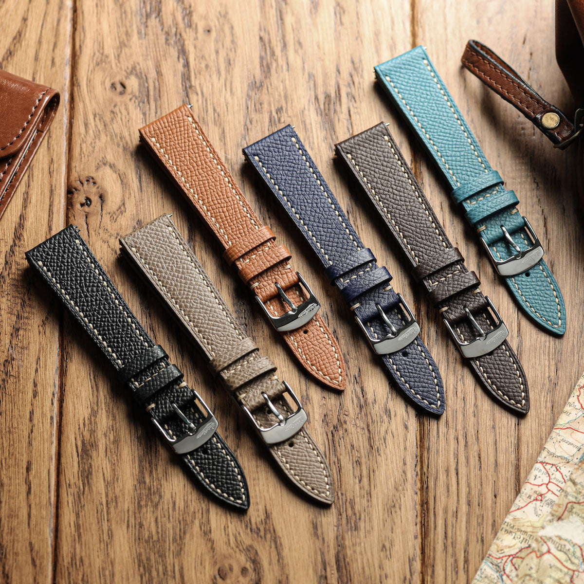 Hanley Textured Epsom Hand-Stitched Leather Watch Strap - Dark Blue