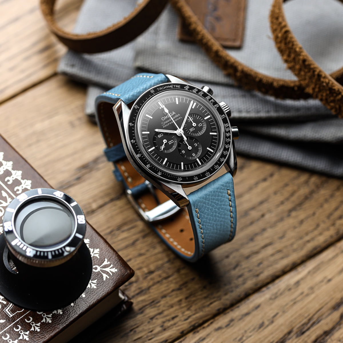 Hanley Textured Epsom Hand-Stitched Leather Watch Strap - Light Blue