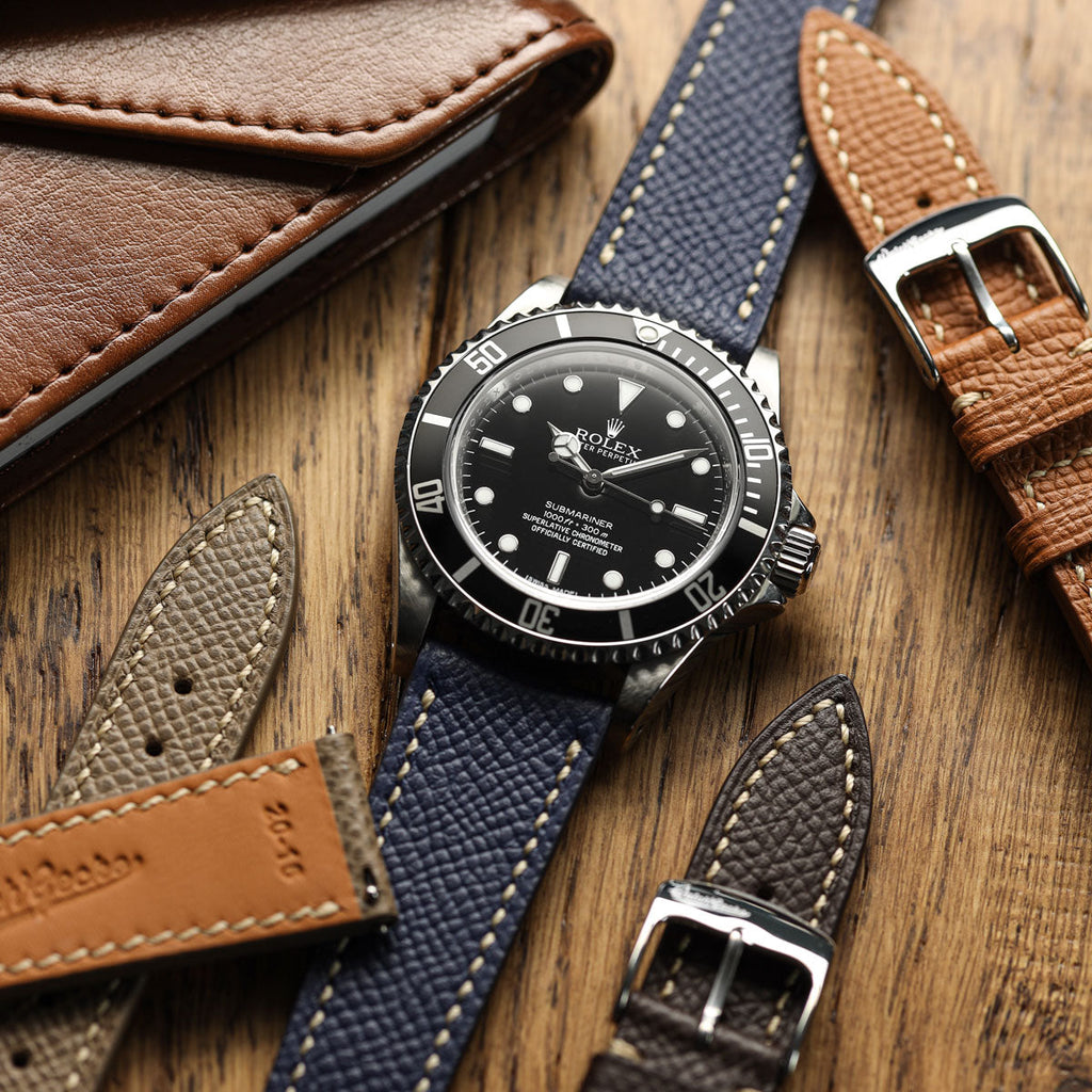 Hanley Textured Epsom Hand-Stitched Leather Watch Strap - Dark Blue