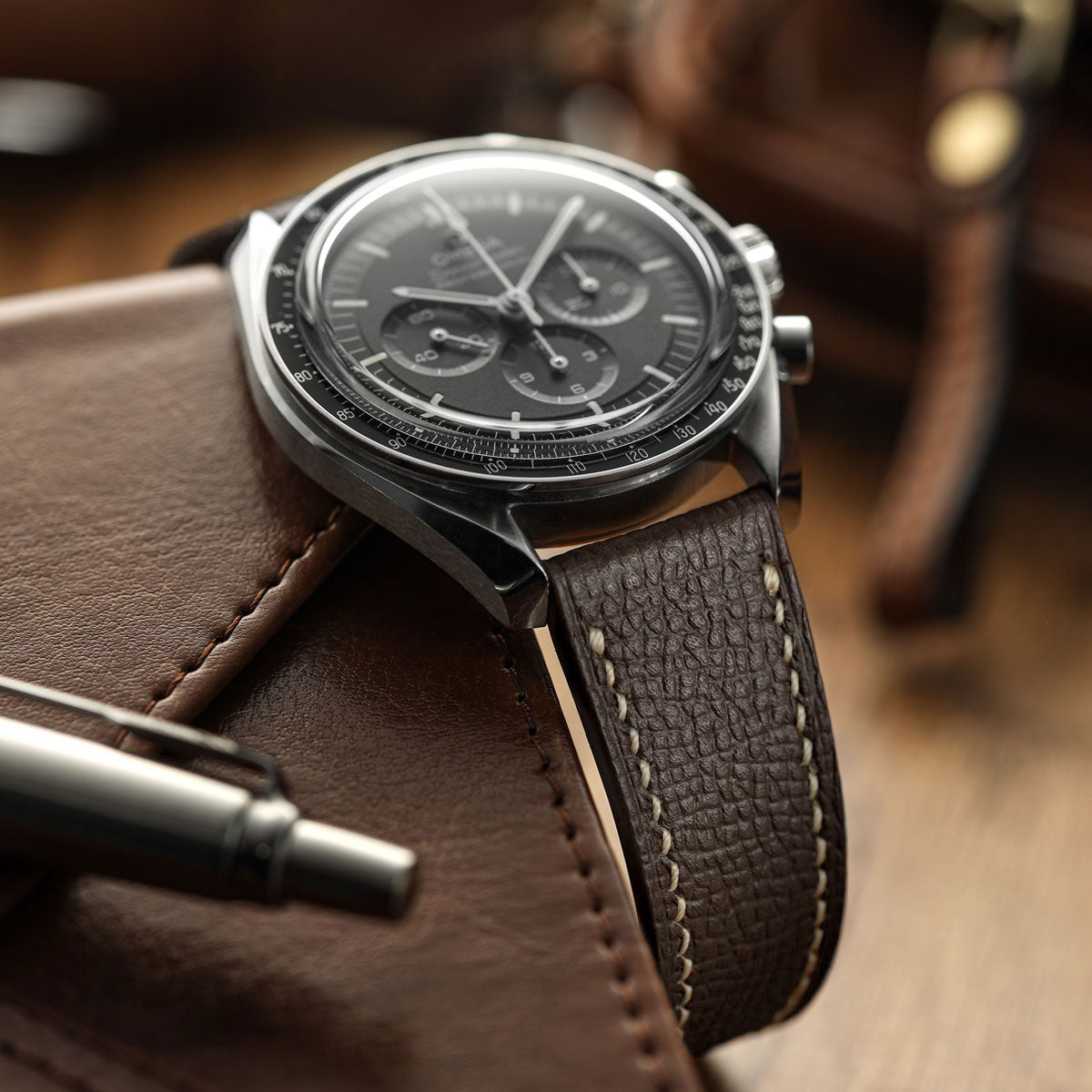 Hanley Textured Epsom Hand-Stitched Leather Watch Strap - Dark Brown