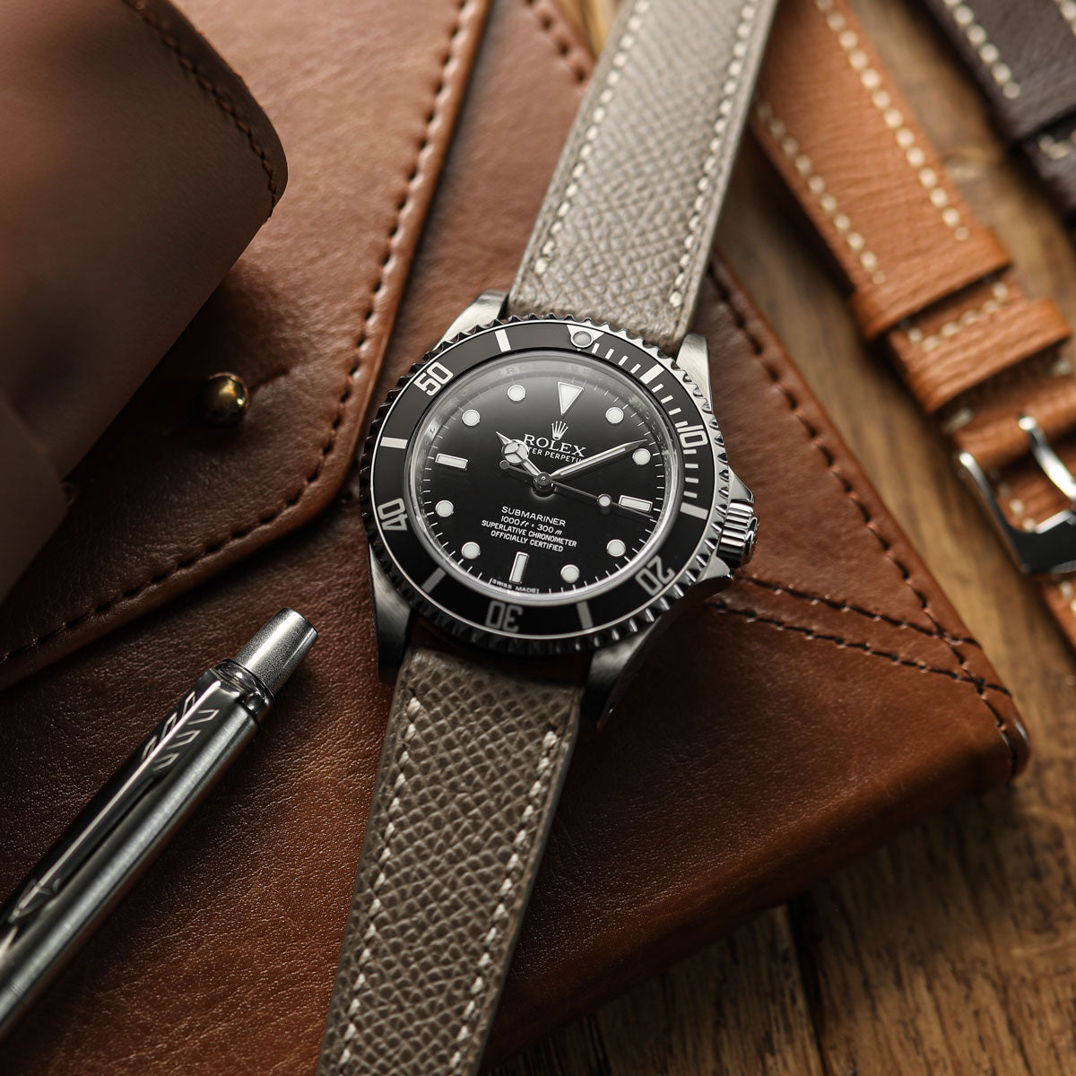 Hanley Textured Epsom Hand-Stitched Leather Watch Strap - Taupe
