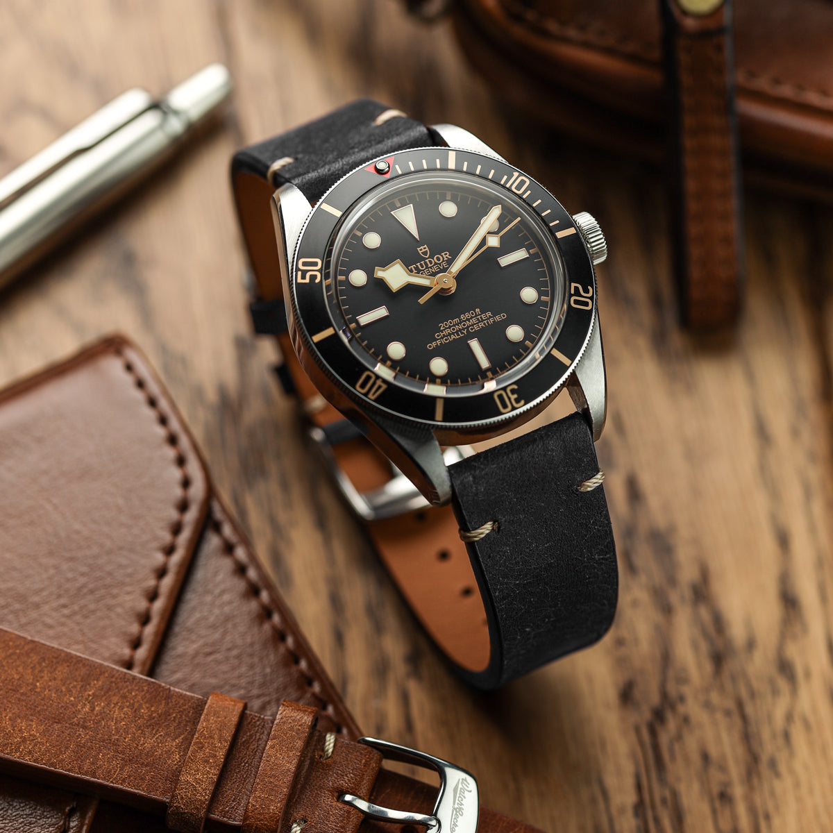 Badalassi Carlo Pueblo V-Stitch Genuine Italian Leather Watch Strap - Black