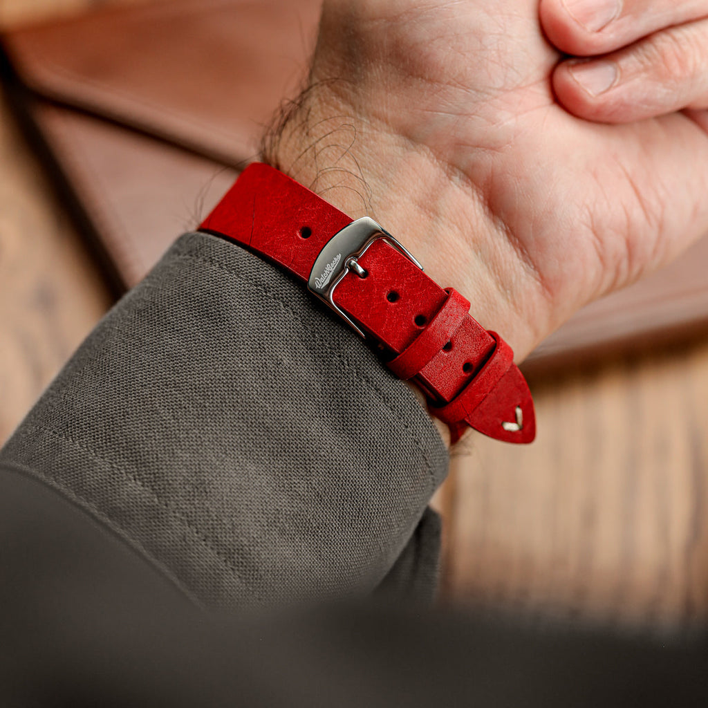 Badalassi Carlo Pueblo V-Stitch Genuine Italian Leather Watch Strap - Bright Red