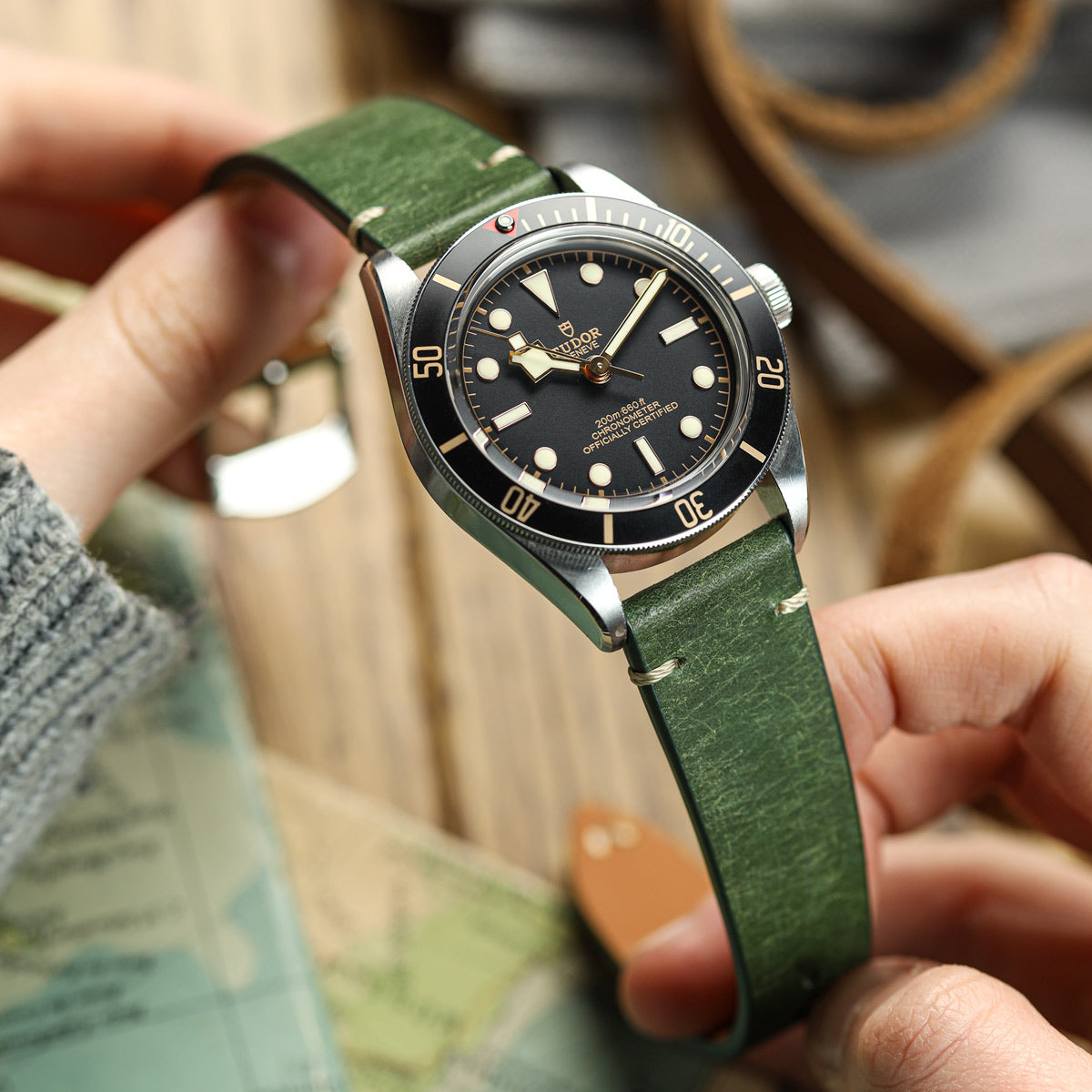 Badalassi Carlo Pueblo V-Stitch Genuine Italian Leather Watch Strap - Earth Green