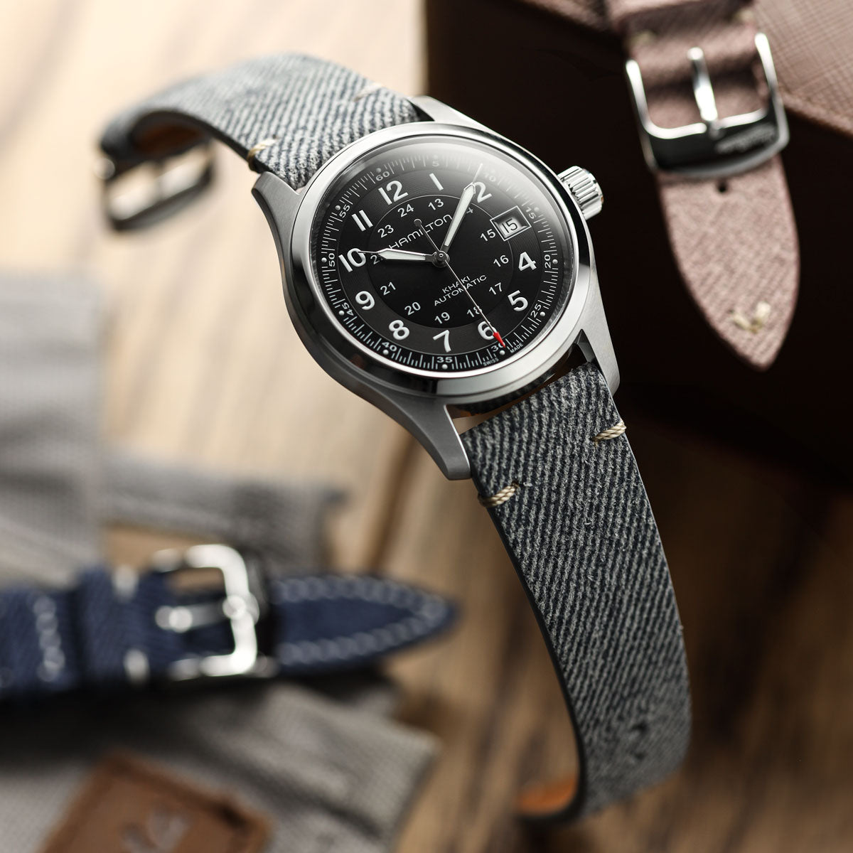 Arbour V-Stitch Denim & Genuine Leather Watch Strap with Quartz Pink Accent