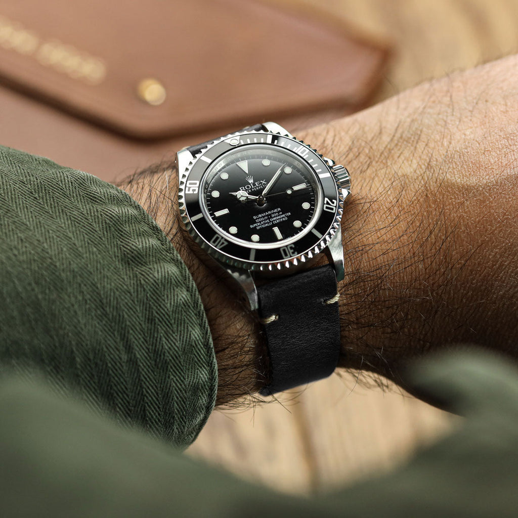 Genuine Horween Chromexcel® V-Stitch Leather Watch Strap - Chromexcel Black
