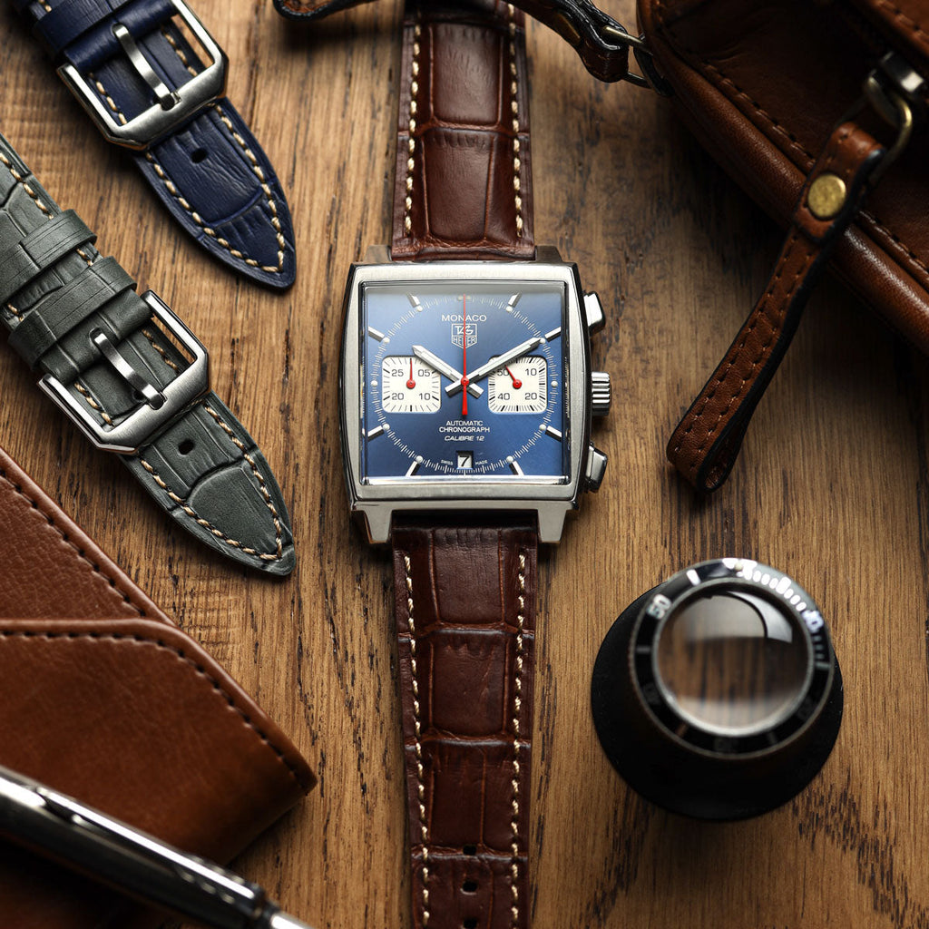 Bracelet de montre en cuir véritable avec motif alligator Carolina - Marron Pécan