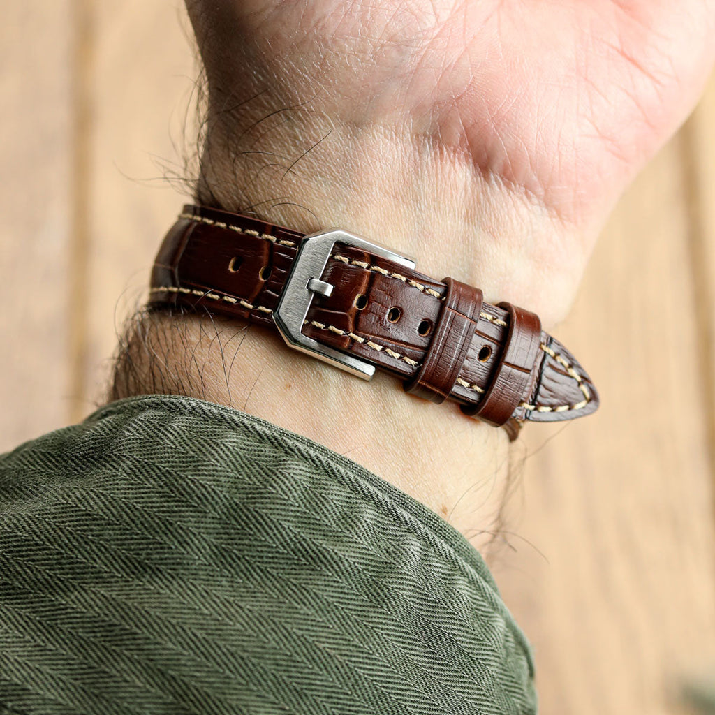 Bracelet de montre en cuir véritable avec motif alligator Carolina - Marron Pécan