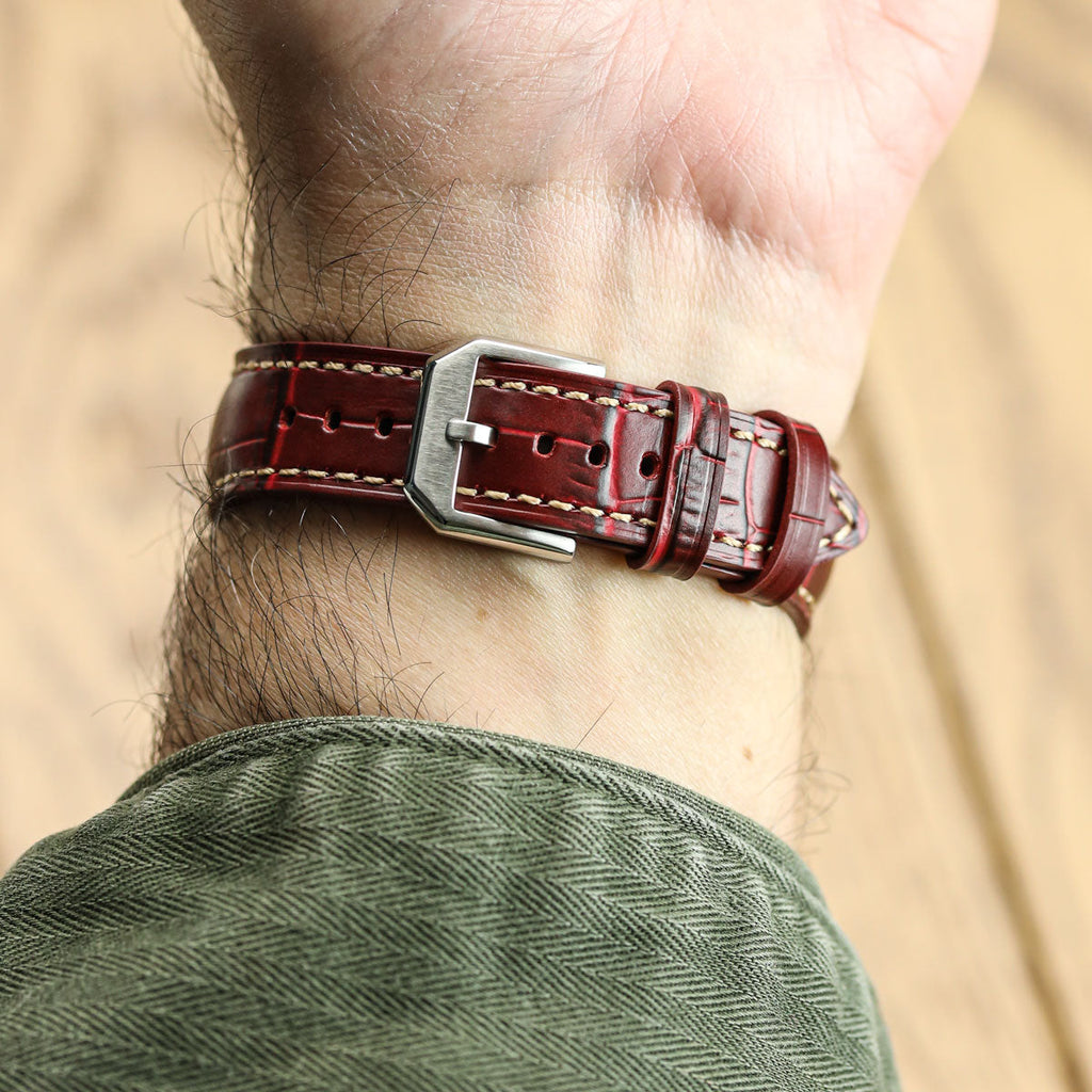 Bracelet de montre en cuir véritable avec motif alligator Carolina - Rouge Grenat