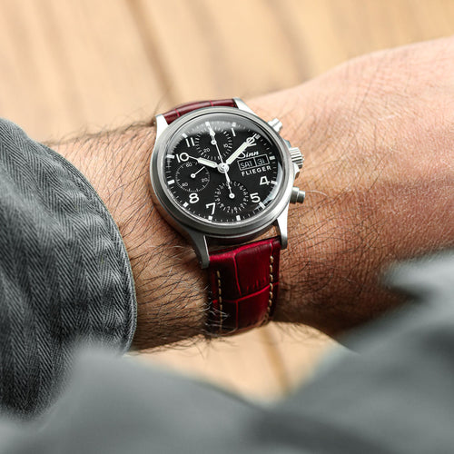 Bracelet de montre en cuir véritable avec motif alligator Carolina - Rouge Grenat