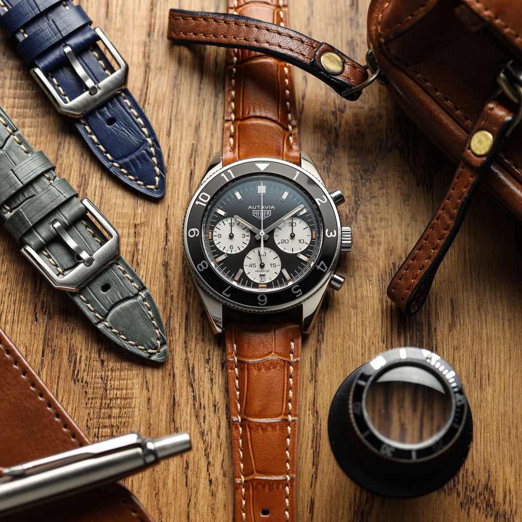 Bracelet de montre en cuir véritable avec motif alligator Carolina - Noir avec surpiqûres rouges