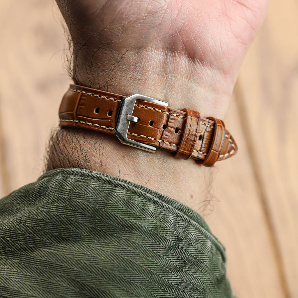 Montre en cuir véritable avec motif alligator Carolina - Couleur Windsor Tan