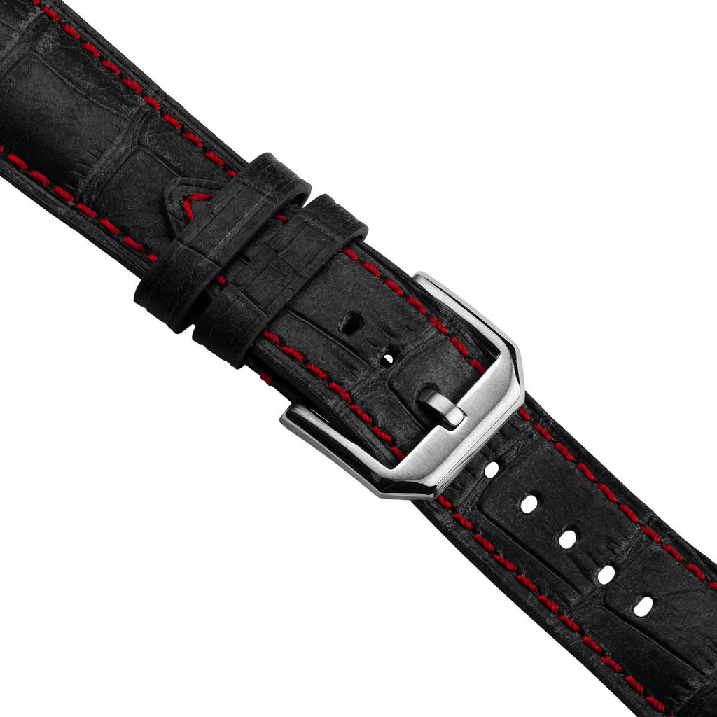 Bracelet de montre en cuir véritable avec motif alligator Carolina - Noir avec surpiqûres rouges