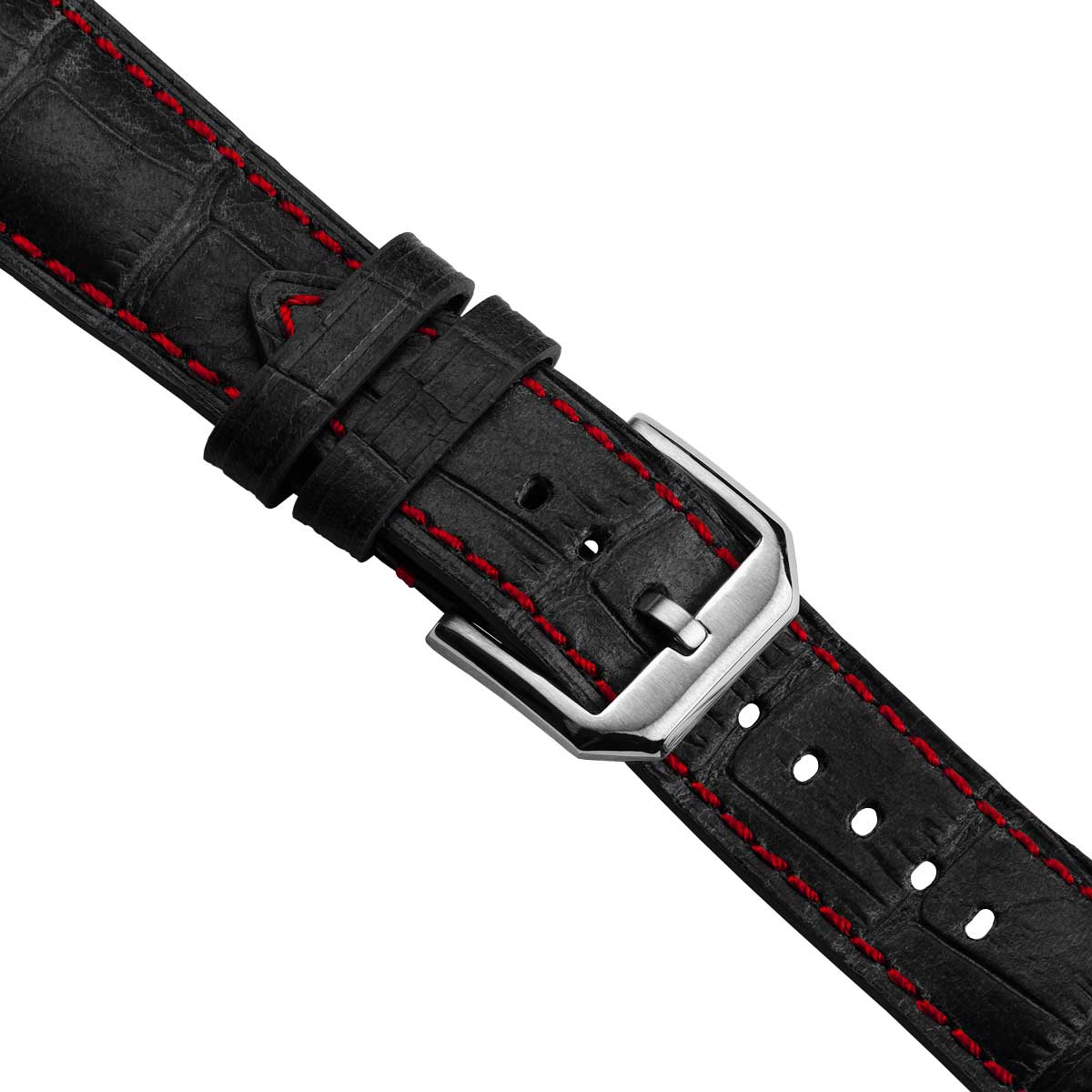 Bracelet de montre en cuir véritable avec motif alligator Carolina - Noir avec surpiqûres rouges