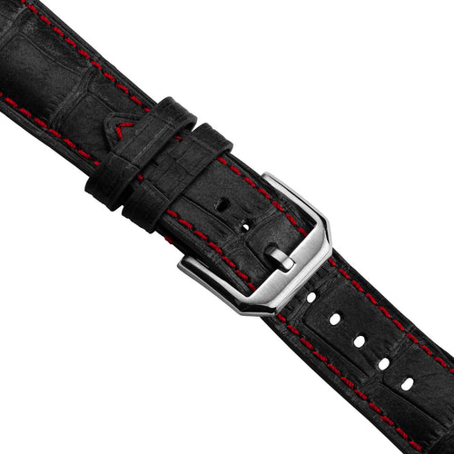 Bracelet de montre en cuir véritable avec motif alligator Carolina - Noir avec surpiqûres rouges