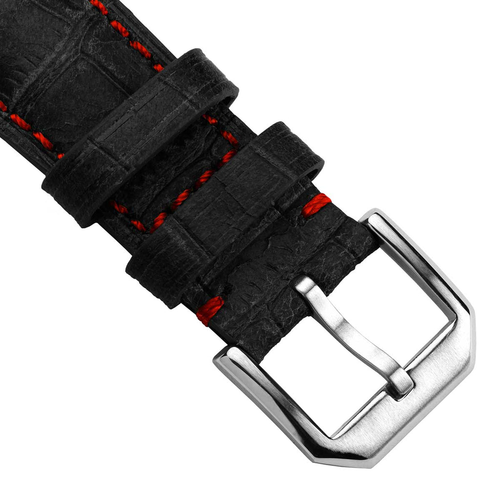 Bracelet de montre en cuir véritable avec motif alligator Carolina - Noir avec surpiqûres rouges