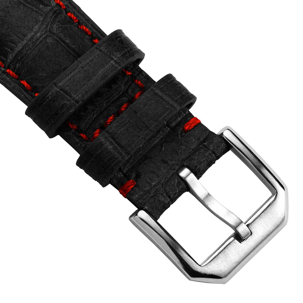Bracelet de montre en cuir véritable avec motif alligator Carolina - Noir avec surpiqûres rouges
